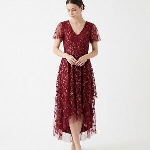 Zomva Dress Red Mesh Metallic Leaf Sequins Hi-Low Maxi Wedding Formal Red  0XL